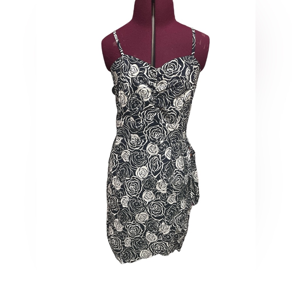 Black white swirl rose floral print wrap sweetheart spaghetti strap dress S NWOT